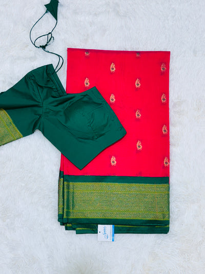 Pink Semi Paithani Silk Saree with Green Zari Border and Blouse