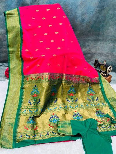 Pink Semi Paithani Silk Saree with Green Zari Border and Blouse