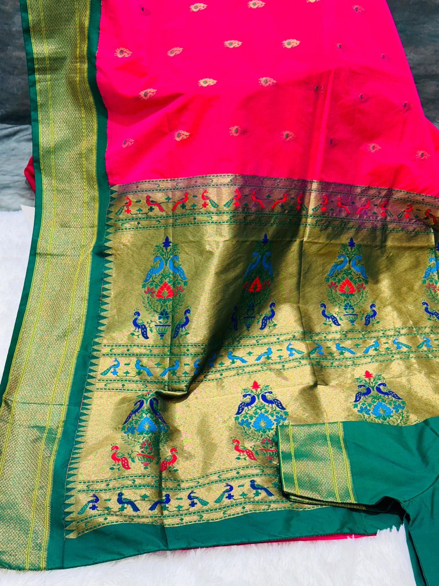Pink Semi Paithani Silk Saree with Green Zari Border and Blouse