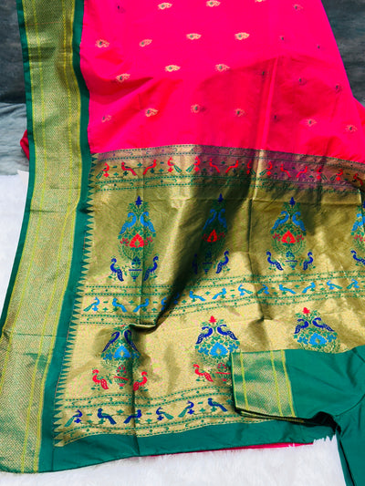 Pink Semi Paithani Silk Saree with Green Zari Border and Blouse