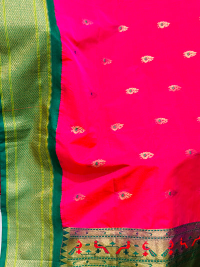 Pink Semi Paithani Silk Saree with Green Zari Border and Blouse