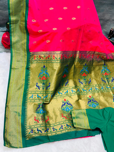 Pink Semi Paithani Silk Saree with Green Zari Border and Blouse