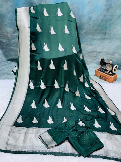 Bottle Green Meshru Silk Saree with Silver Zari Border and Matching Blouse
