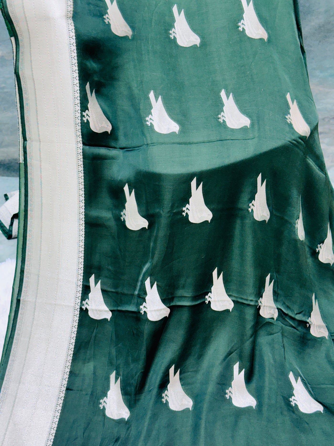 Bottle Green Meshru Silk Saree with Silver Zari Border and Matching Blouse
