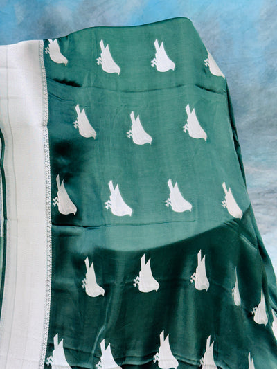 Bottle Green Meshru Silk Saree with Silver Zari Border and Matching Blouse