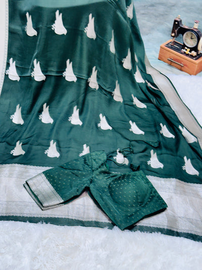 Bottle Green Meshru Silk Saree with Silver Zari Border and Matching Blouse