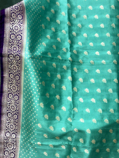 Aqua Green Banarasi Silk Saree with Purple Zari Border & Matching Blouse