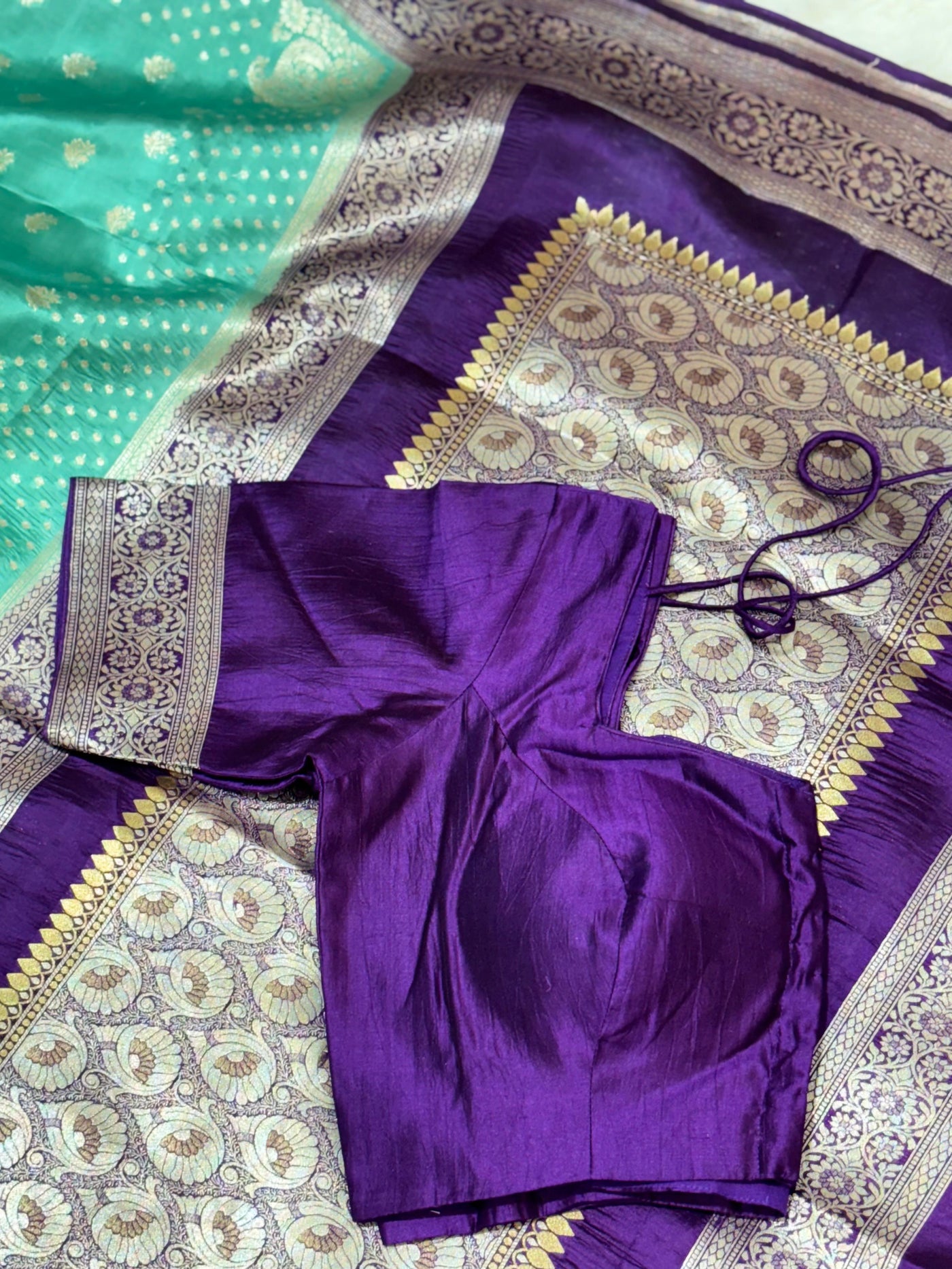 Aqua Green Banarasi Silk Saree with Purple Zari Border & Matching Blouse