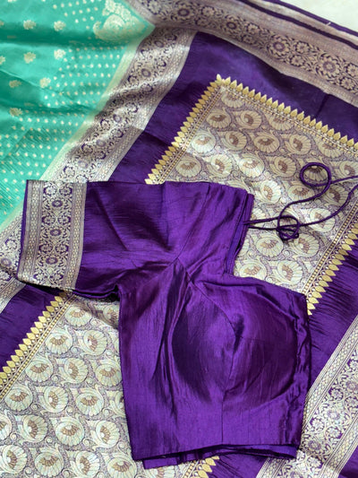 Aqua Green Banarasi Silk Saree with Purple Zari Border & Matching Blouse