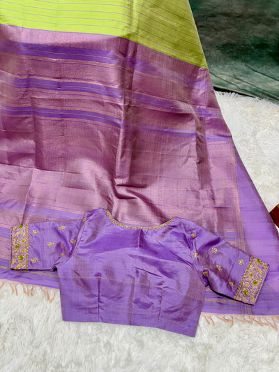 Green Gadwal Silk Saree with Lavender Contrast Border & Embroidered Blouse