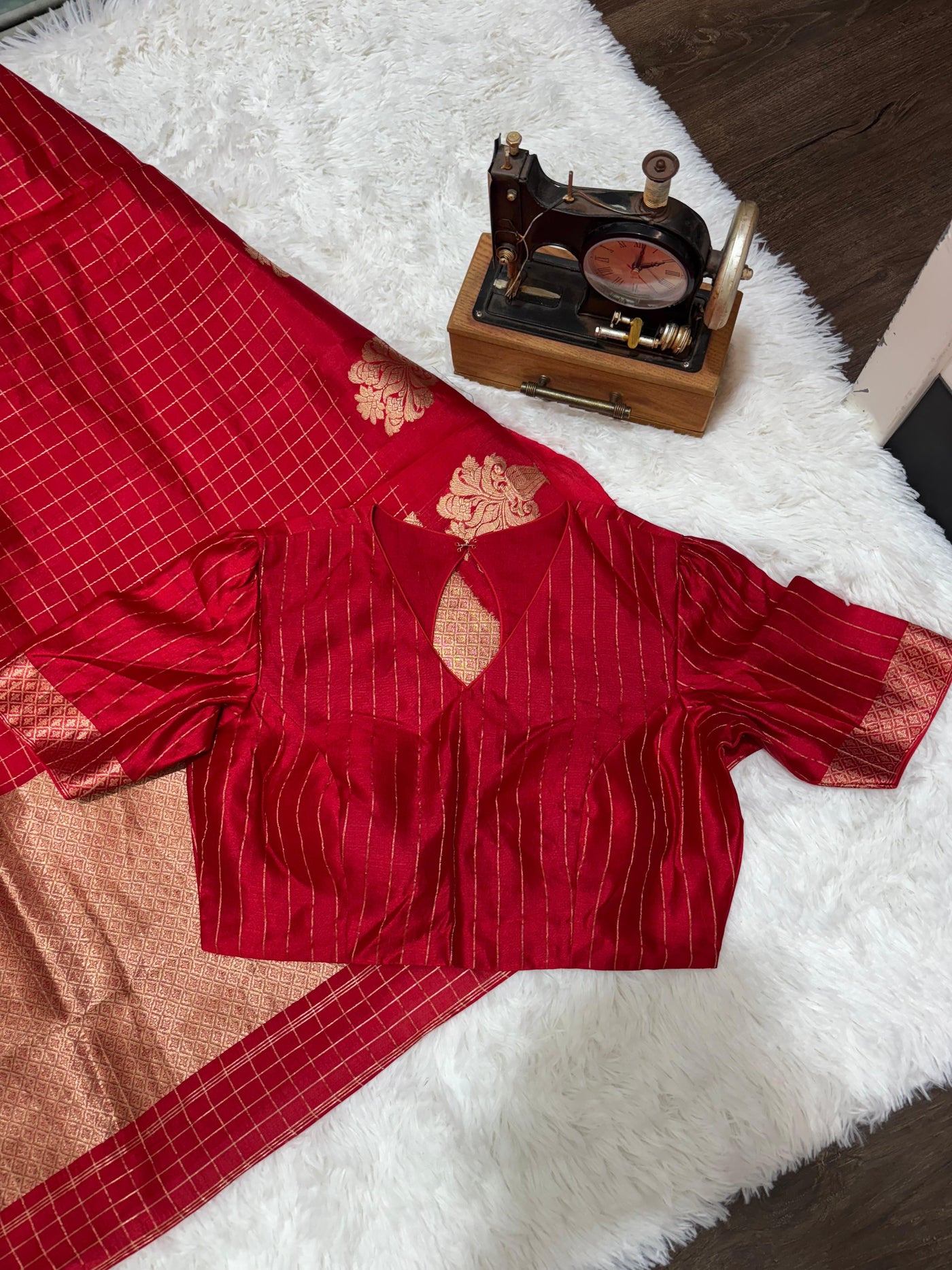 Red Banarasi Silk Saree with Golden Zari Checks & Designer Cut-Out Blouse