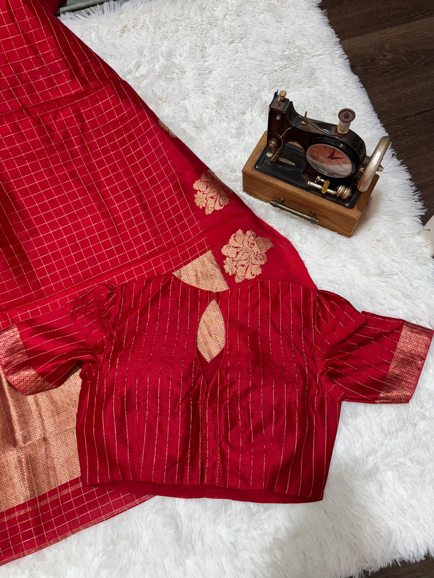 Red Banarasi Silk Saree with Golden Zari Checks & Designer Cut-Out Blouse