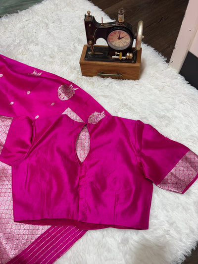Rani Pink Banarasi Silk Saree with Zari Weaving & Designer Blouse