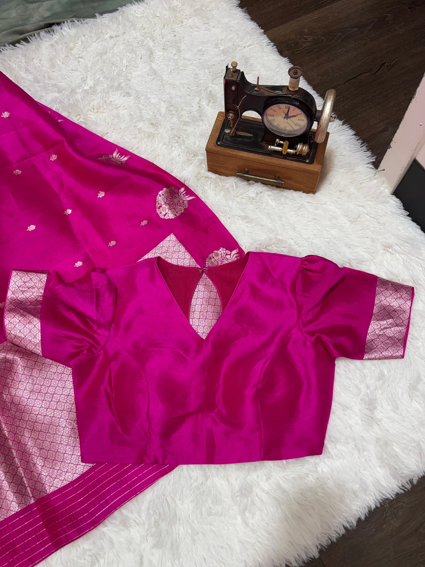 Rani Pink Banarasi Silk Saree with Zari Weaving & Designer Blouse