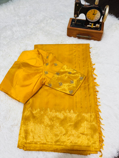 Mustard Yellow Silk Saree with Golden Zari Border & Embroidered Blouse