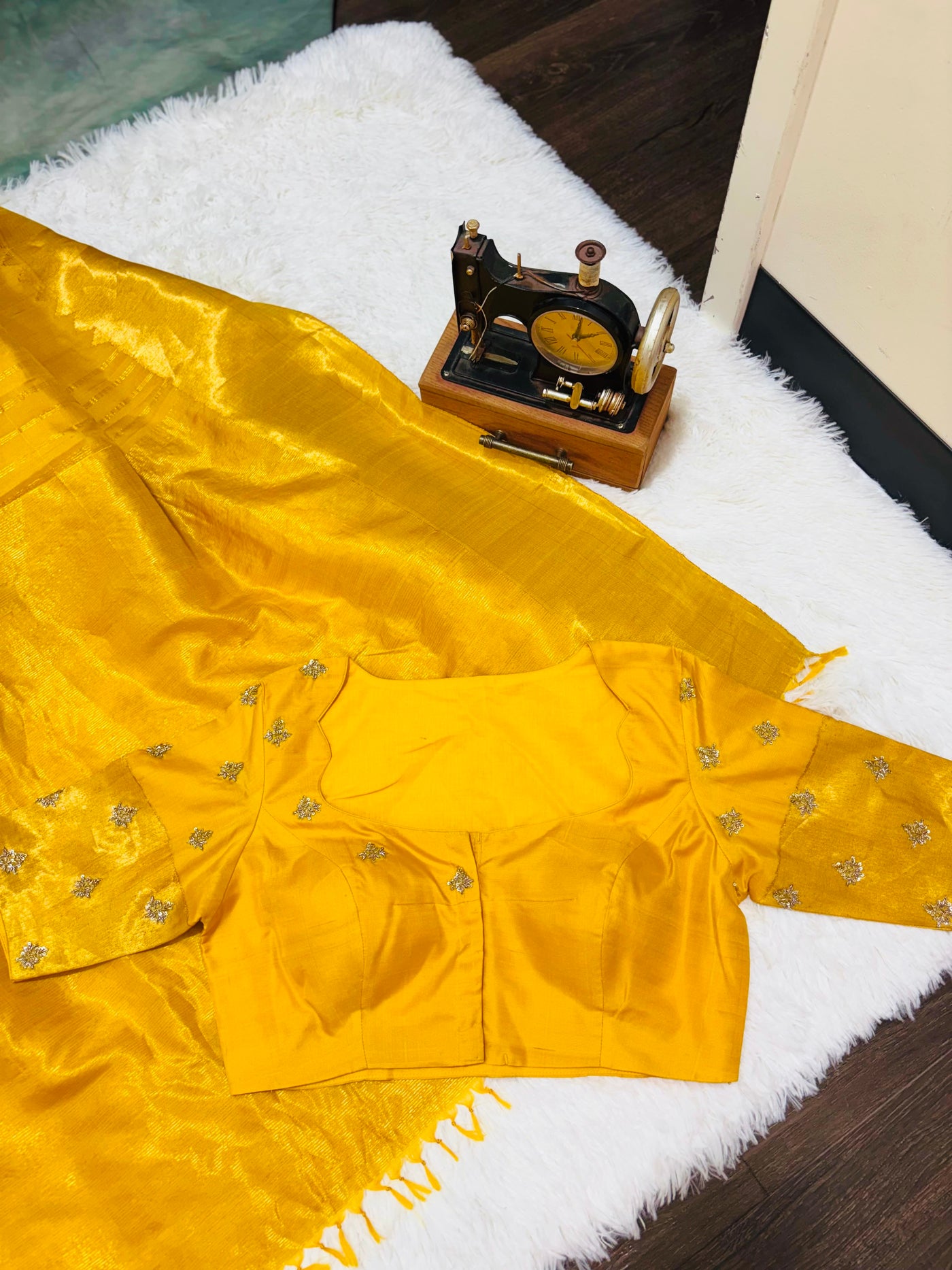 Mustard Yellow Silk Saree with Golden Zari Border & Embroidered Blouse