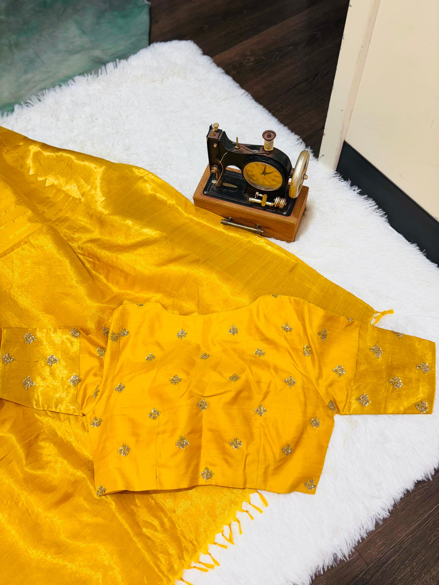 Mustard Yellow Silk Saree with Golden Zari Border & Embroidered Blouse