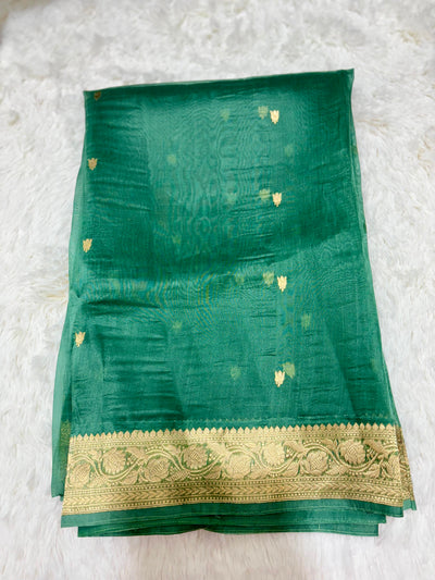 Green Banarasi Kora Silk Saree with Golden Zari Border & Blouse