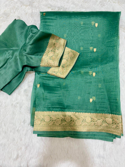 Green Banarasi Kora Silk Saree with Golden Zari Border & Blouse