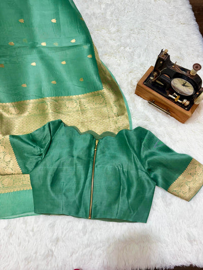 Green Banarasi Kora Silk Saree with Golden Zari Border & Blouse
