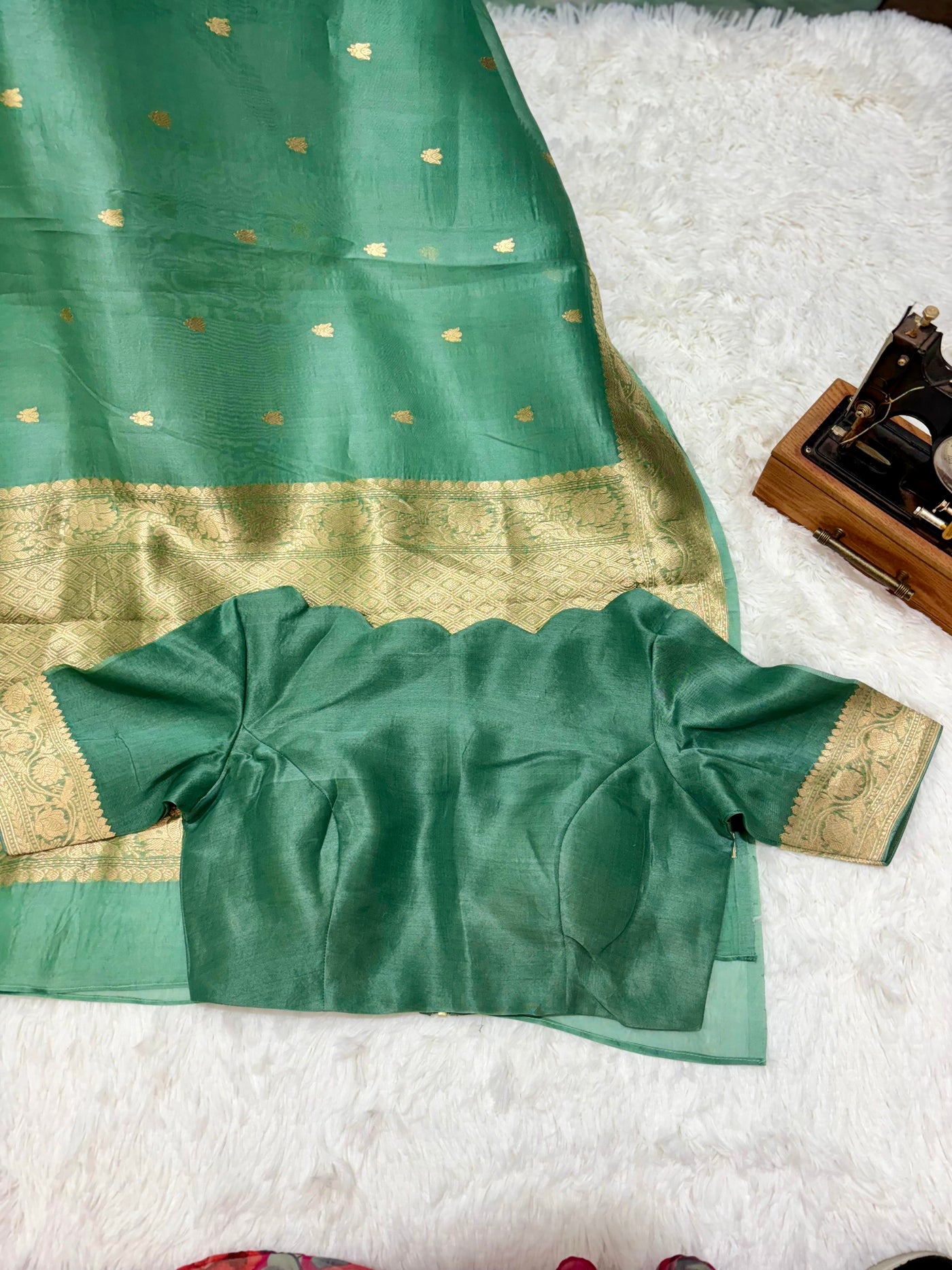 Green Banarasi Kora Silk Saree with Golden Zari Border & Blouse