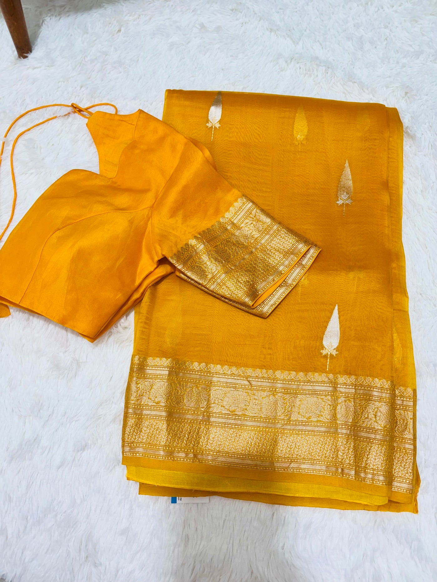 Yellow Banarasi Kora Silk Saree with Golden Zari Weaving & Designer Blouse