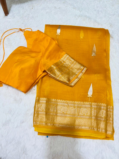 Yellow Banarasi Kora Silk Saree with Golden Zari Weaving & Designer Blouse