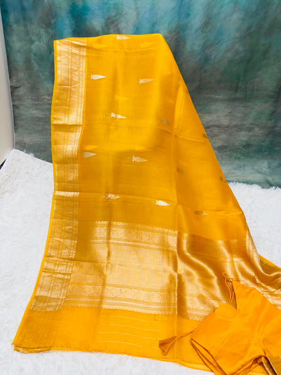 Yellow Banarasi Kora Silk Saree with Golden Zari Weaving & Designer Blouse