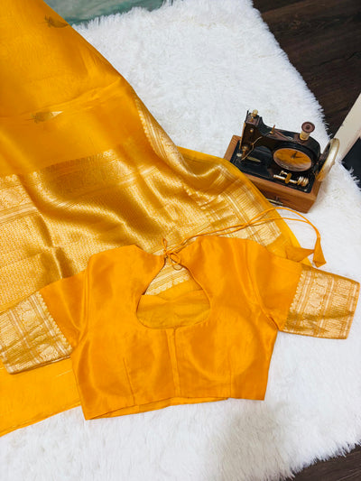 Yellow Banarasi Kora Silk Saree with Golden Zari Weaving & Designer Blouse