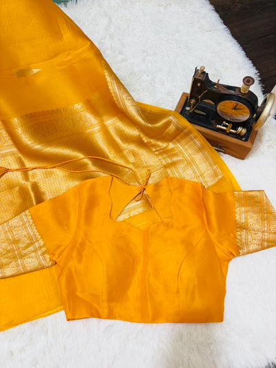 Yellow Banarasi Kora Silk Saree with Golden Zari Weaving & Designer Blouse