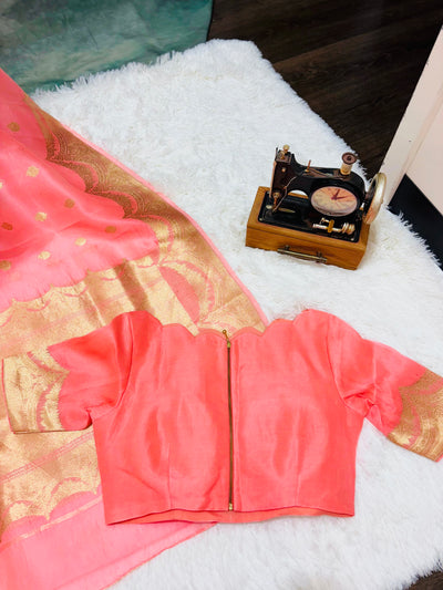 Elegant Peach Banarasi Kora Saree with Golden Zari Border & Scallop Design
