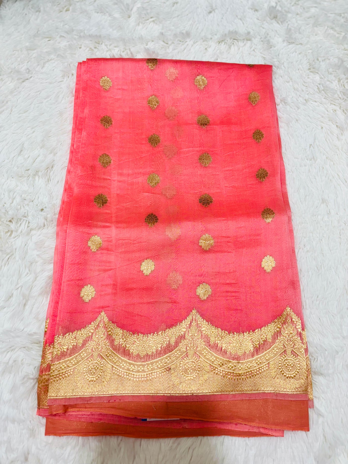 Elegant Peach Banarasi Kora Saree with Golden Zari Border & Scallop Design