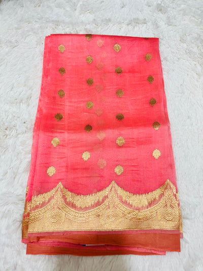 Elegant Peach Banarasi Kora Saree with Golden Zari Border & Scallop Design