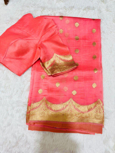 Elegant Peach Banarasi Kora Saree with Golden Zari Border & Scallop Design