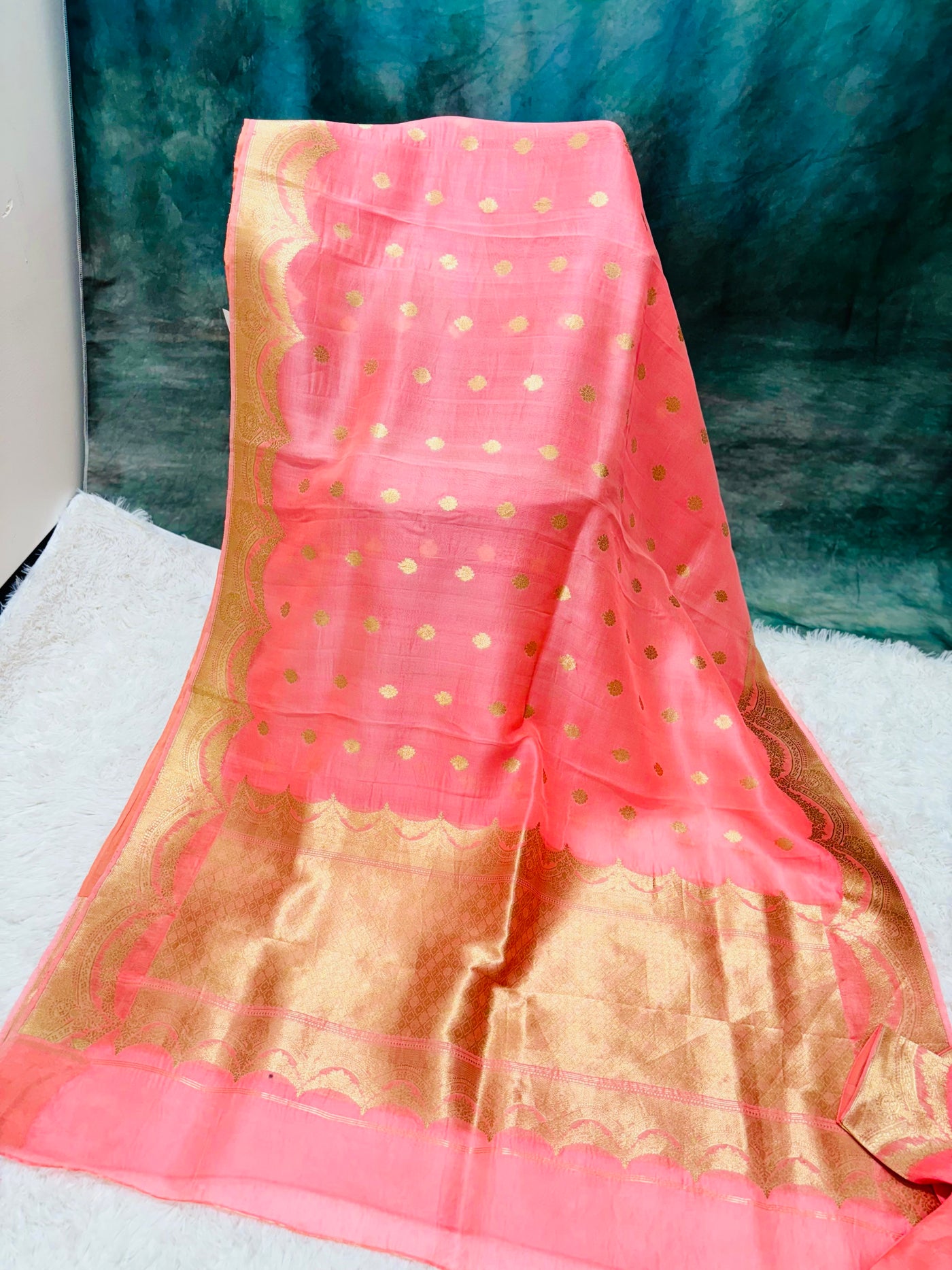 Elegant Peach Banarasi Kora Saree with Golden Zari Border & Scallop Design