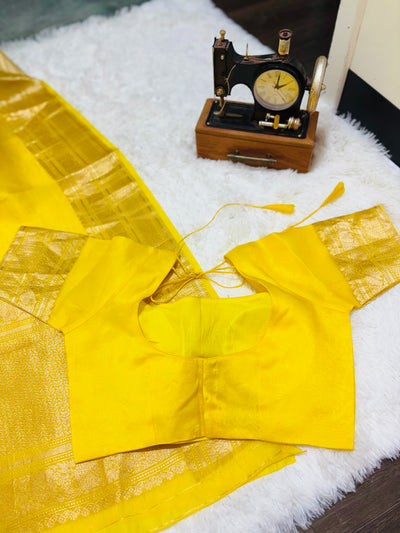 Yellow Banarasi Kora Silk Saree with Gold Zari Border and Matching Blouse