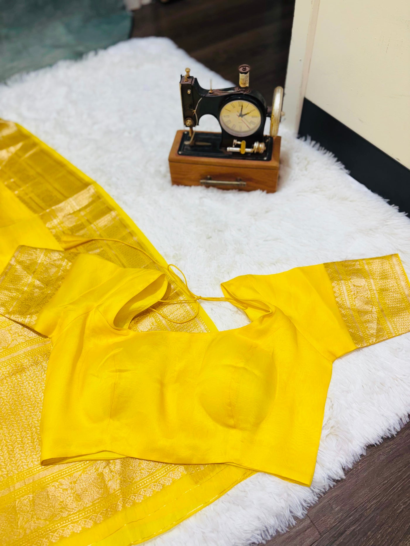 Yellow Banarasi Kora Silk Saree with Gold Zari Border and Matching Blouse