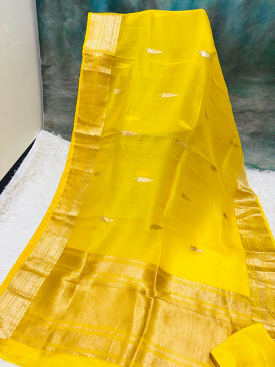 Yellow Banarasi Kora Silk Saree with Gold Zari Border and Matching Blouse