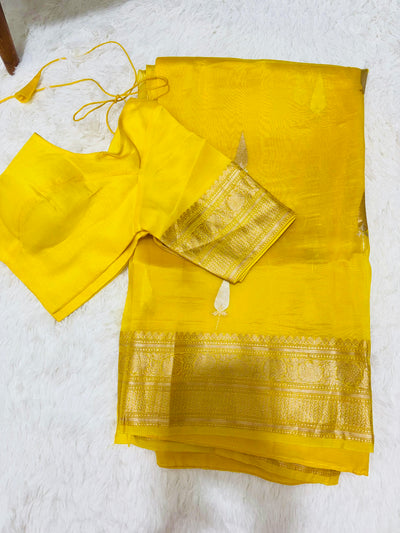 Yellow Banarasi Kora Silk Saree with Gold Zari Border and Matching Blouse