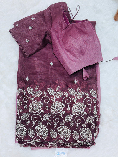Wine Fancy Crushed Saree with Embroidered Floral Border