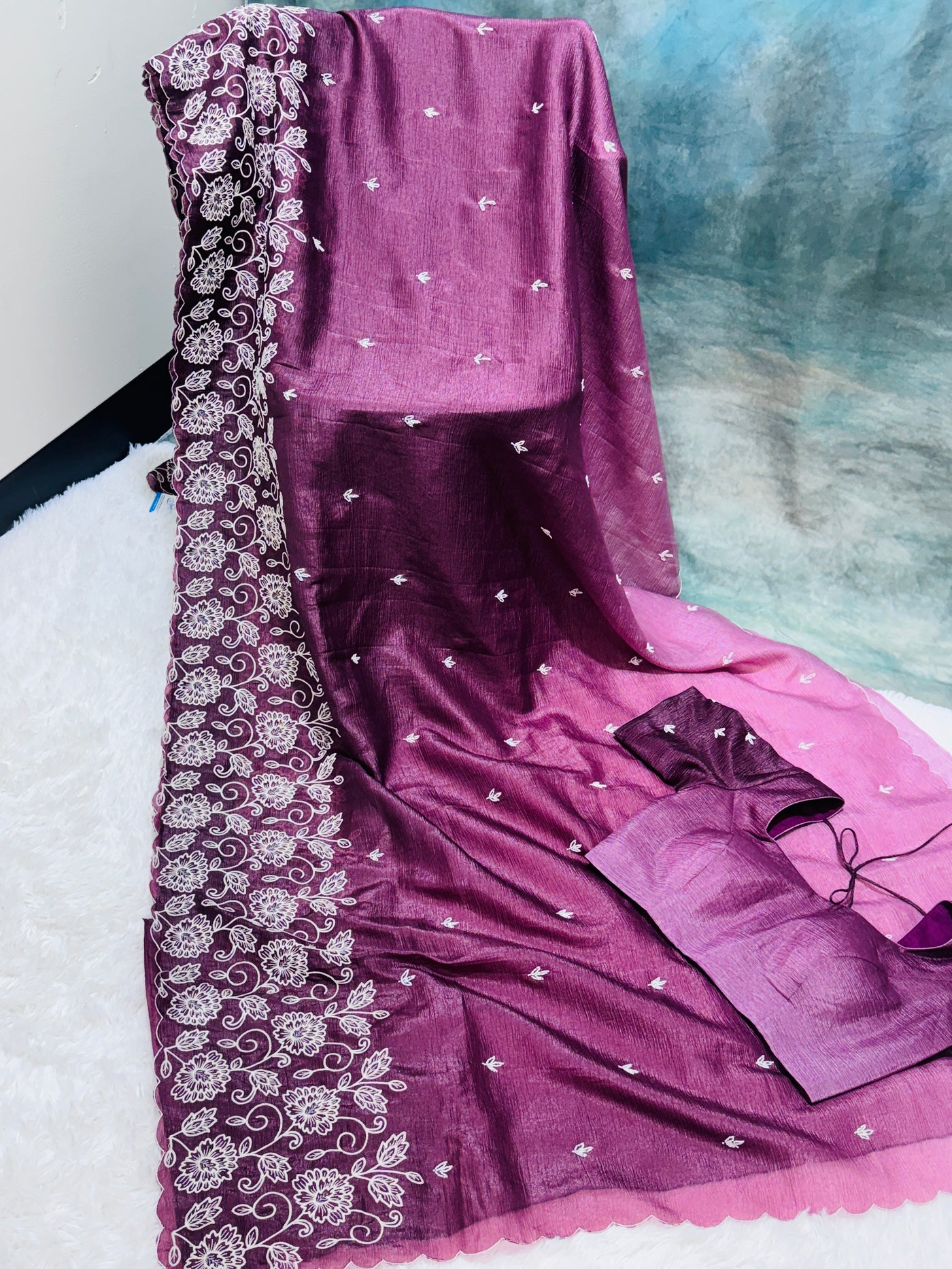 Wine Fancy Crushed Saree with Embroidered Floral Border