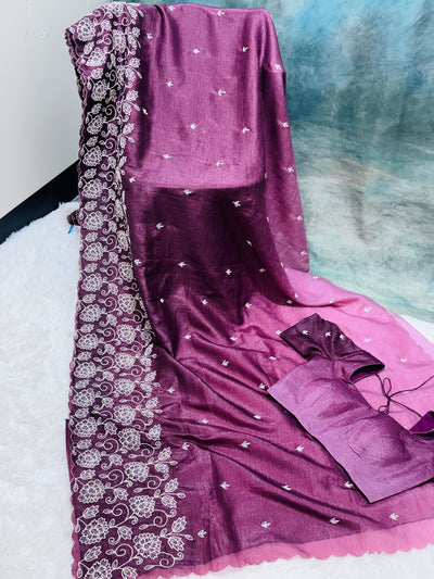 Wine Fancy Crushed Saree with Embroidered Floral Border