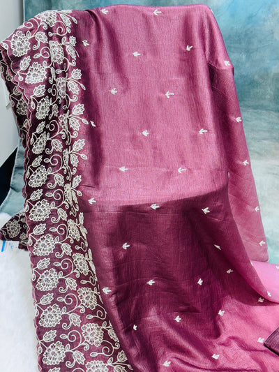 Wine Fancy Crushed Saree with Embroidered Floral Border