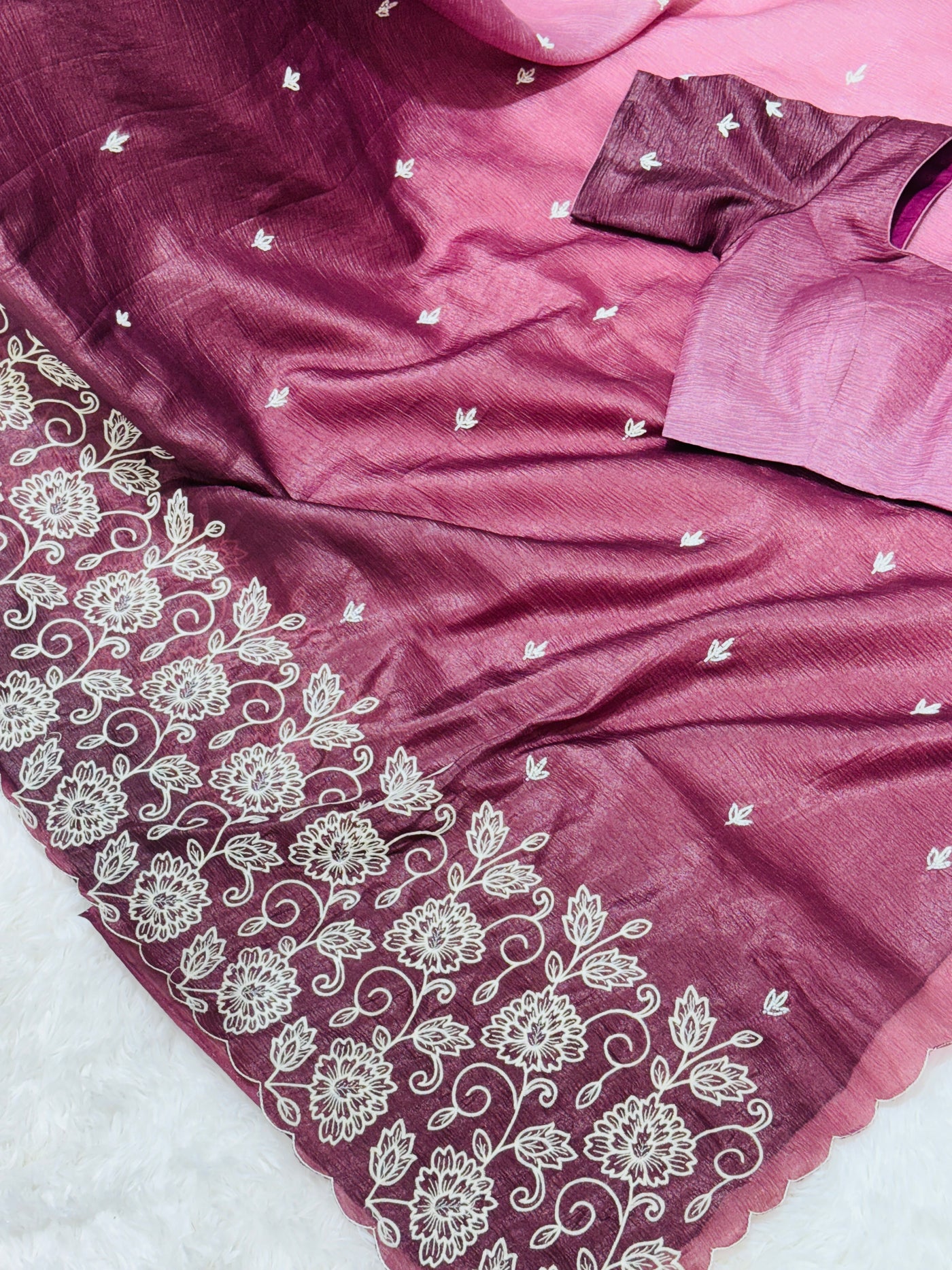Wine Fancy Crushed Saree with Embroidered Floral Border