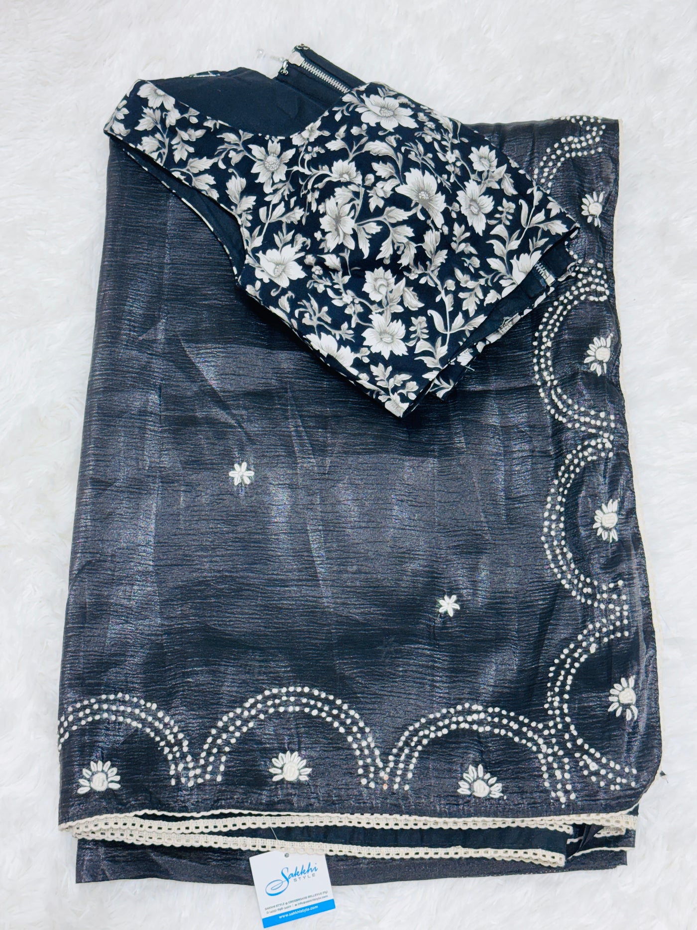 Black Fancy Crushed Saree with Scalloped Embroidered Border & Floral Blouse