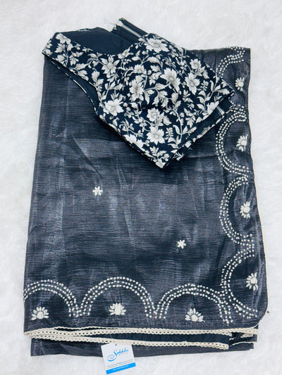 Black Fancy Crushed Saree with Scalloped Embroidered Border & Floral Blouse