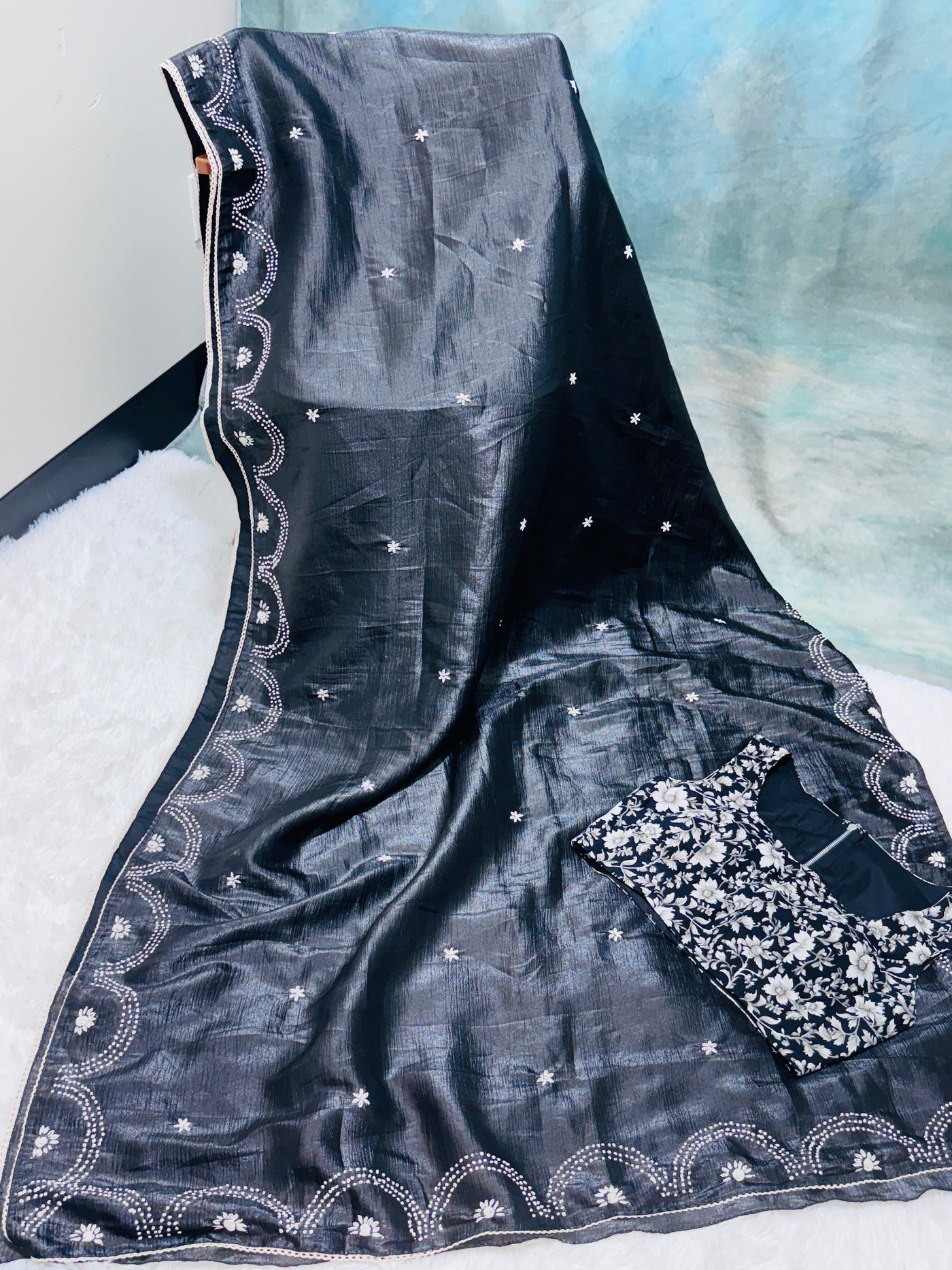Black Fancy Crushed Saree with Scalloped Embroidered Border & Floral Blouse