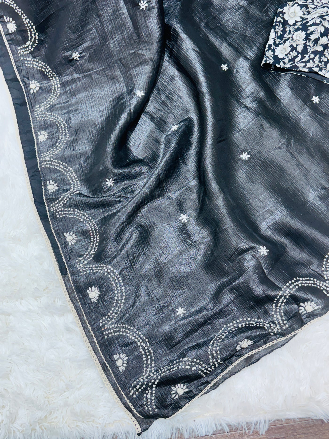 Black Fancy Crushed Saree with Scalloped Embroidered Border & Floral Blouse