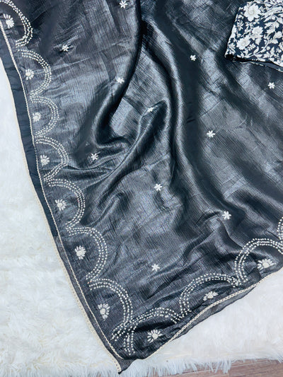 Black Fancy Crushed Saree with Scalloped Embroidered Border & Floral Blouse