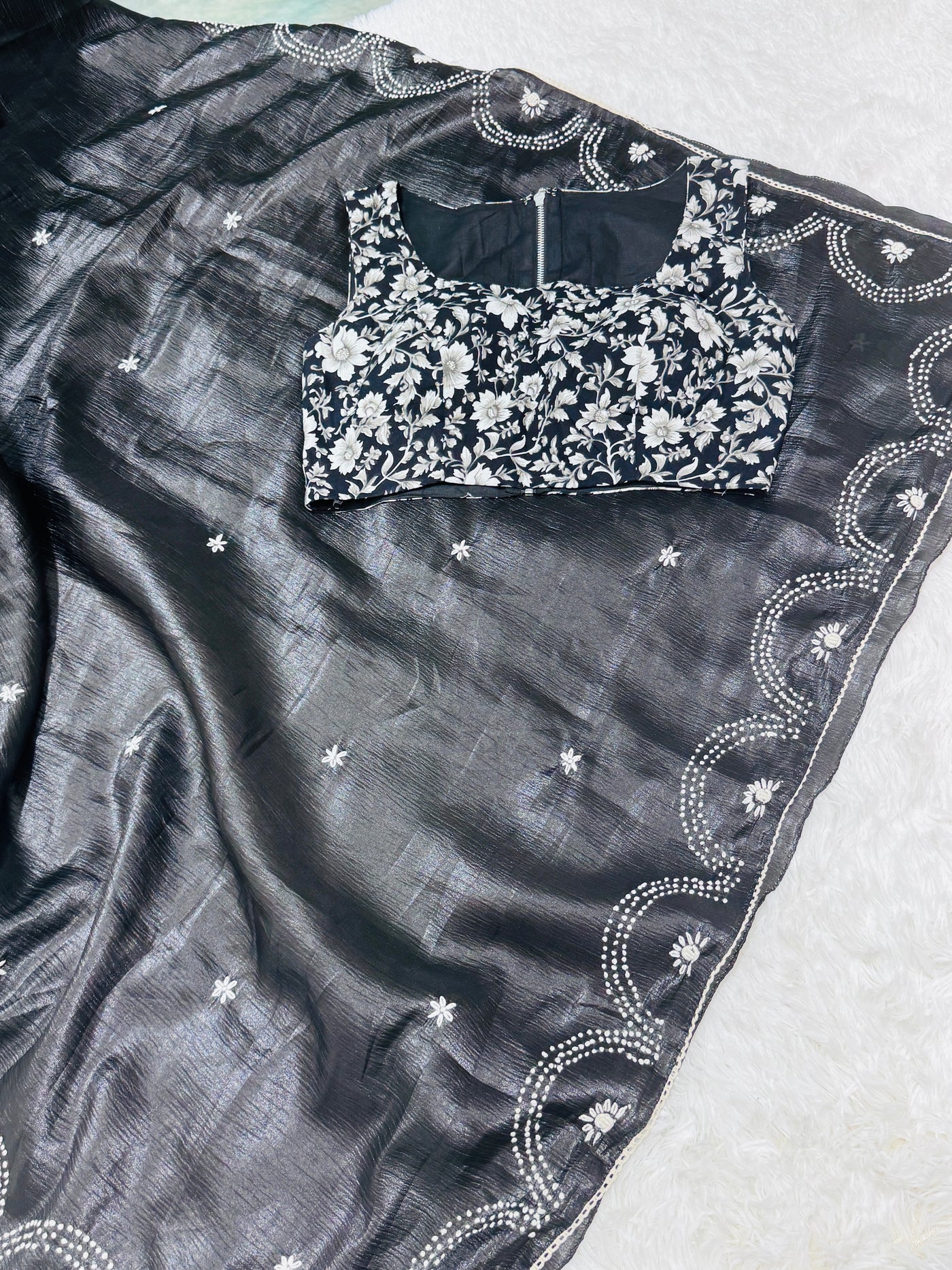 Black Fancy Crushed Saree with Scalloped Embroidered Border & Floral Blouse